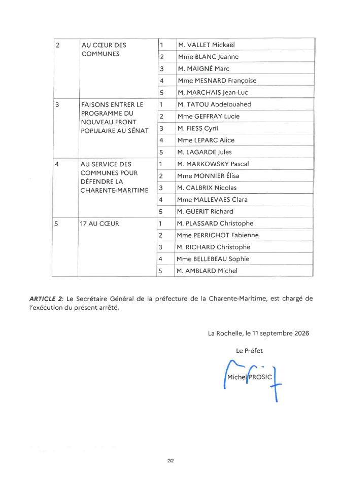 Arrêté du 11 septembre 2026 fixant la liste de candidats à l'élection sénatoriales-2