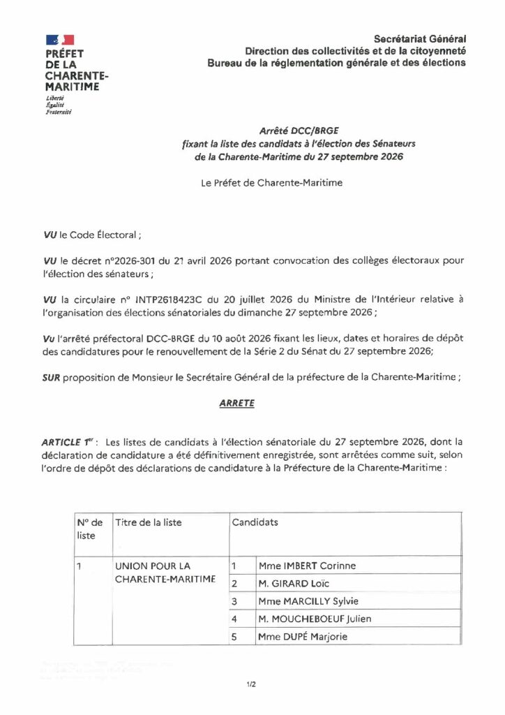 Arrêté du 11 septembre 2026 fixant la liste de candidats à l'élection sénatoriales